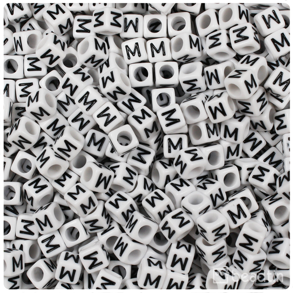 White Opaque 6mm Cube Alpha Beads - Black Letter M (80pcs)