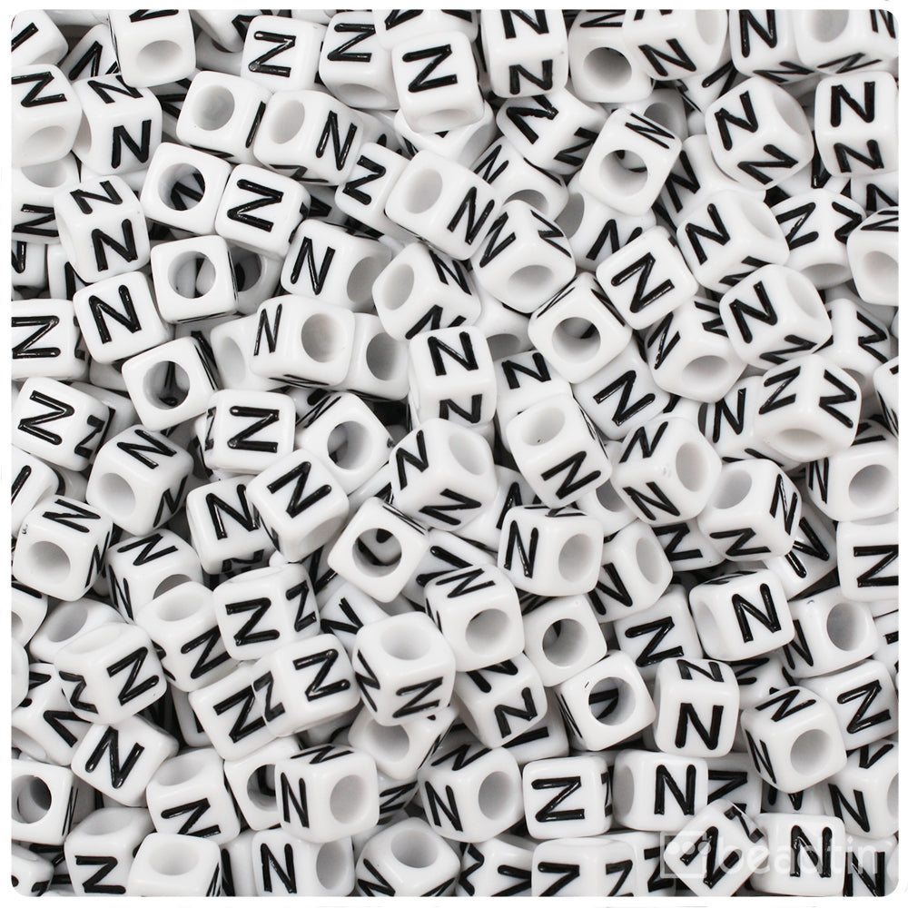 White Opaque 6mm Cube Alpha Beads - Black Letter N (80pcs)