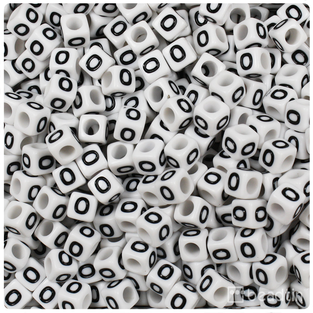 White Opaque 6mm Cube Alpha Beads - Black Letter O (80pcs)