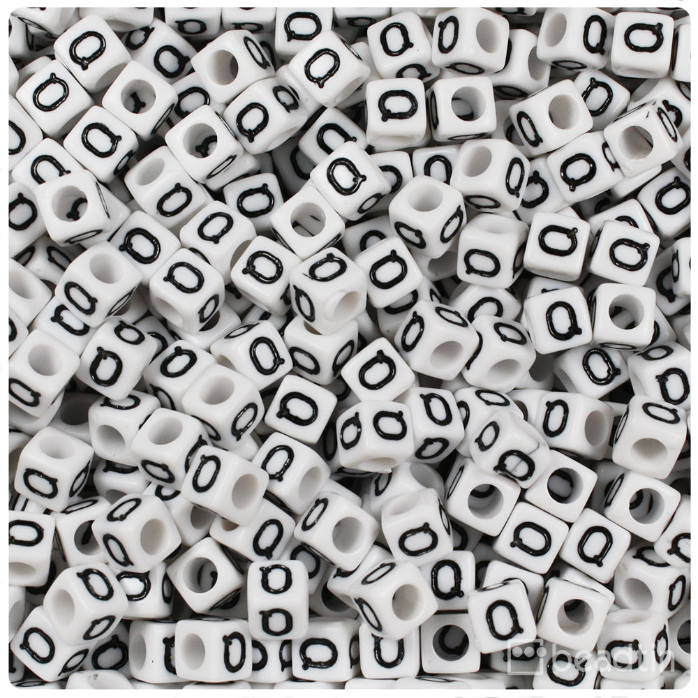 White Opaque 6mm Cube Alpha Beads - Black Letter Q (80pcs)