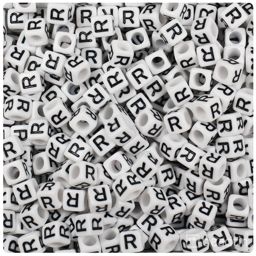 White Opaque 6mm Cube Alpha Beads - Black Letter R (80pcs)