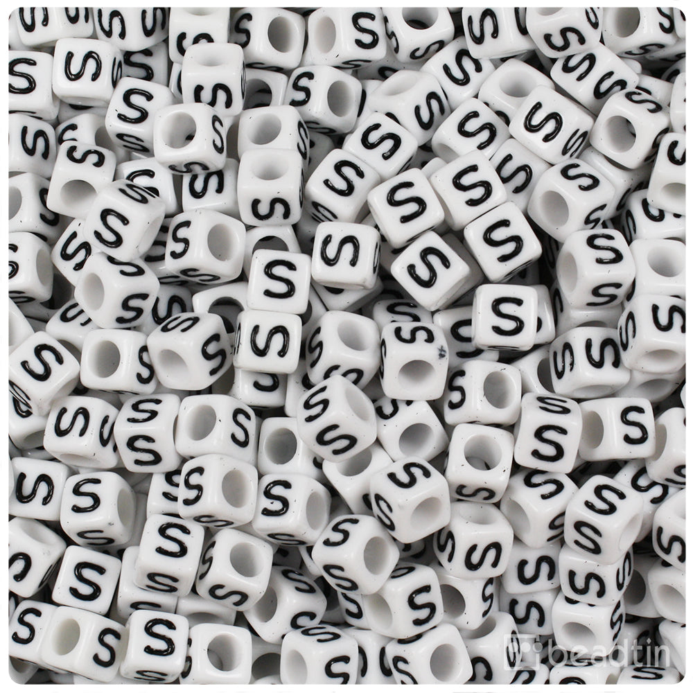 White Opaque 6mm Cube Alpha Beads - Black Letter S (80pcs)