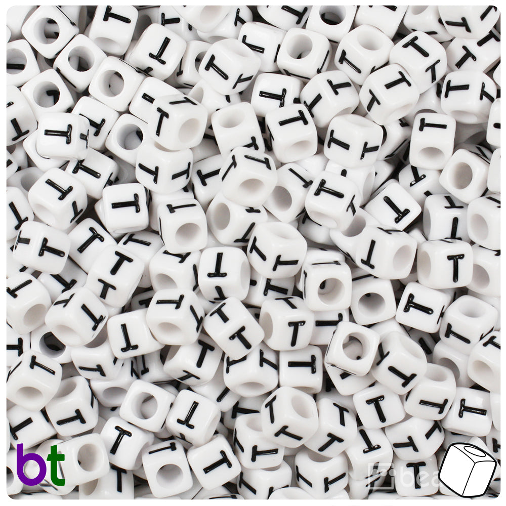 White Opaque 6mm Cube Alpha Beads - Black Letter T (80pcs)
