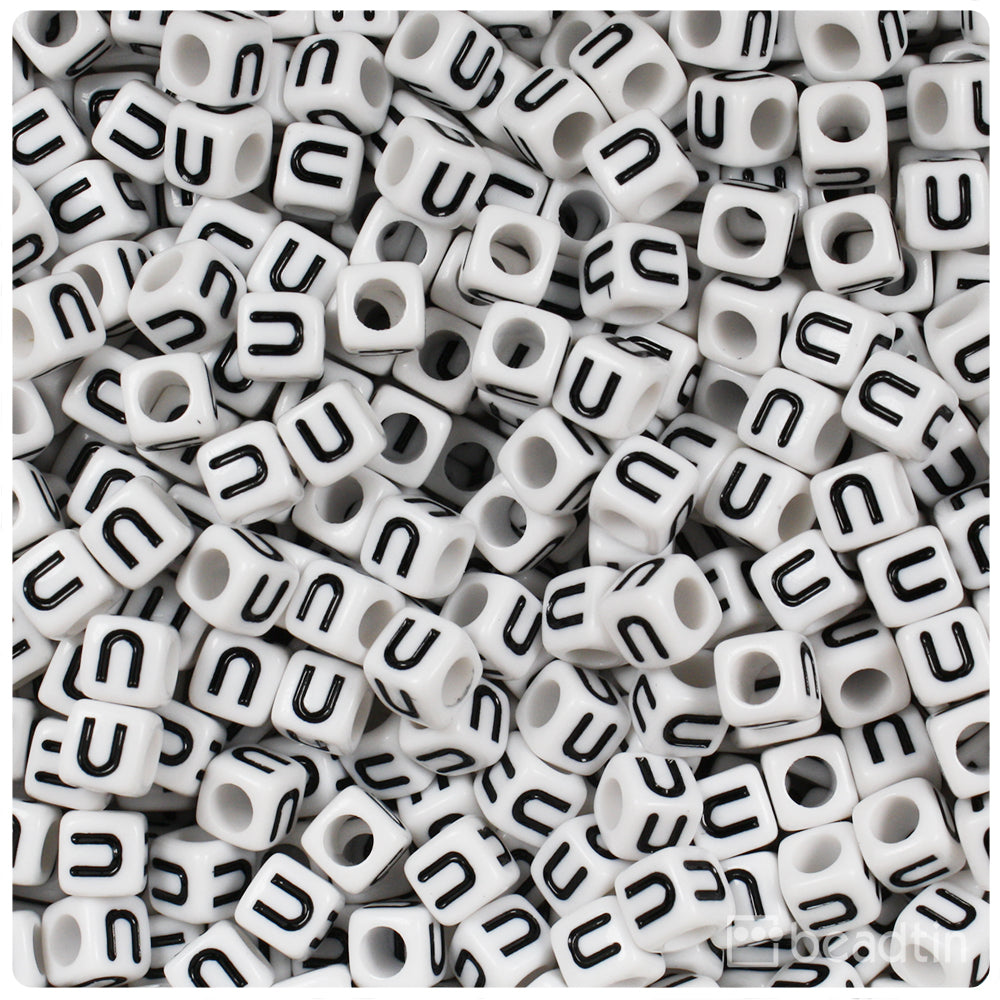White Opaque 6mm Cube Alpha Beads - Black Letter U (80pcs)