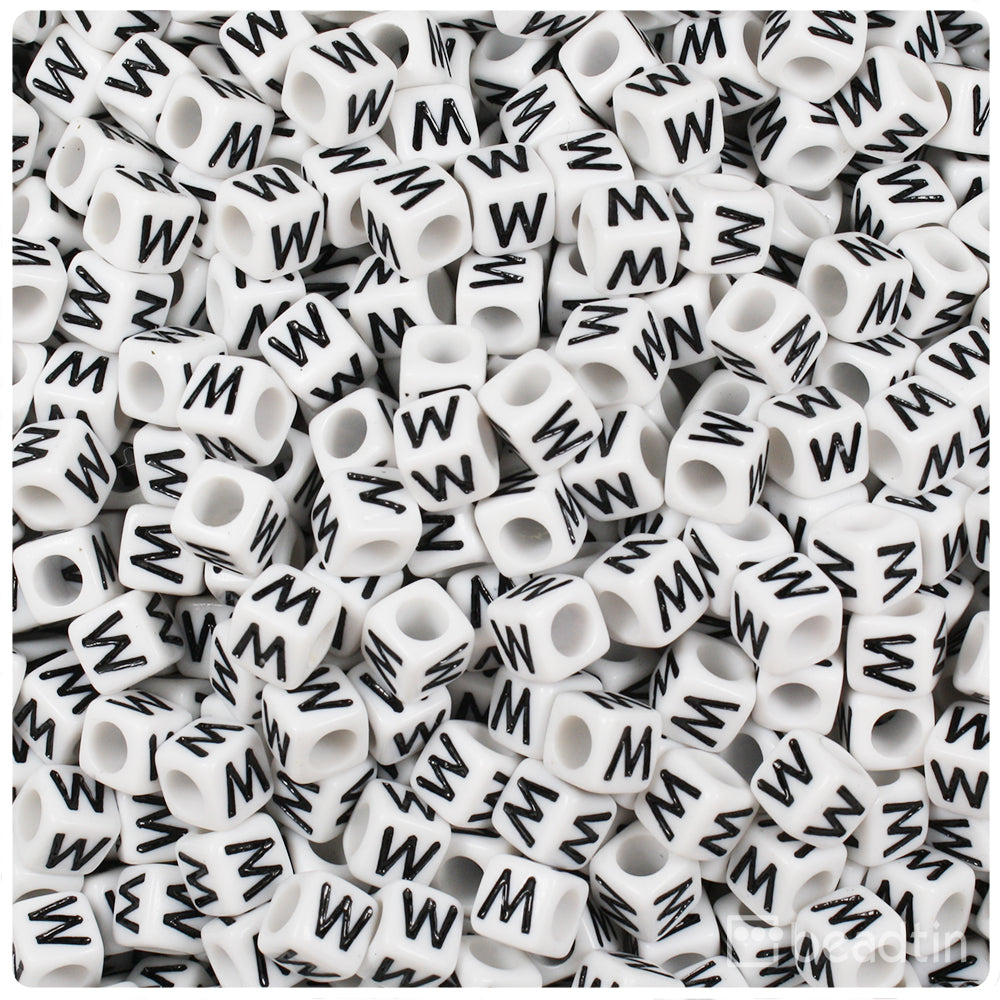 White Opaque 6mm Cube Alpha Beads - Black Letter W (80pcs)