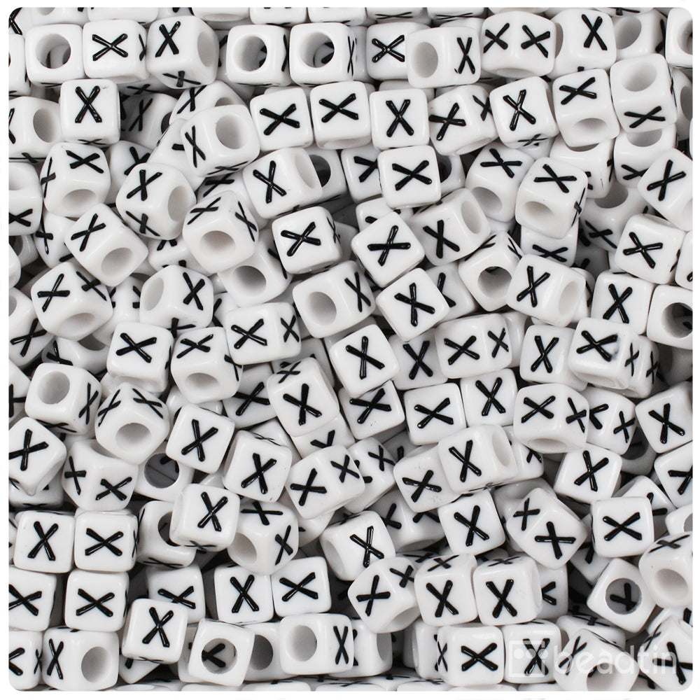 White Opaque 6mm Cube Alpha Beads - Black Letter X (80pcs)
