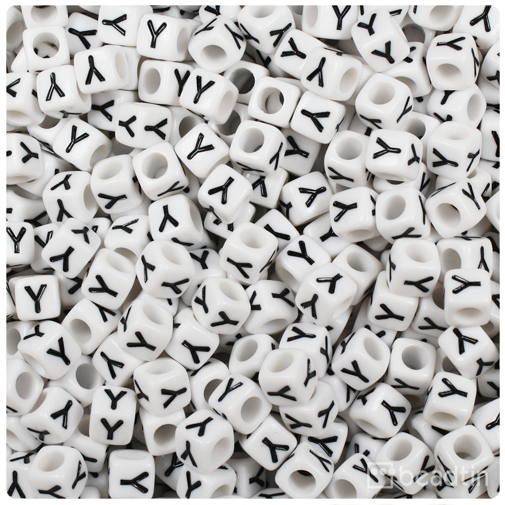 White Opaque 6mm Cube Alpha Beads - Black Letter Y (80pcs)