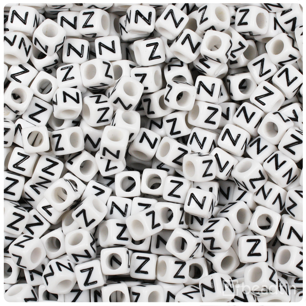 White Opaque 6mm Cube Alpha Beads - Black Letter Z (80pcs)