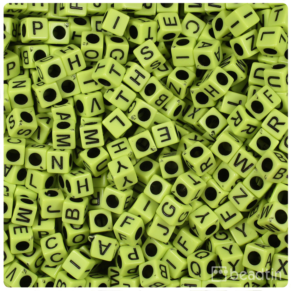 Light Green Opaque 6mm Cube Alpha Beads - Black Letter Mix (200pcs)