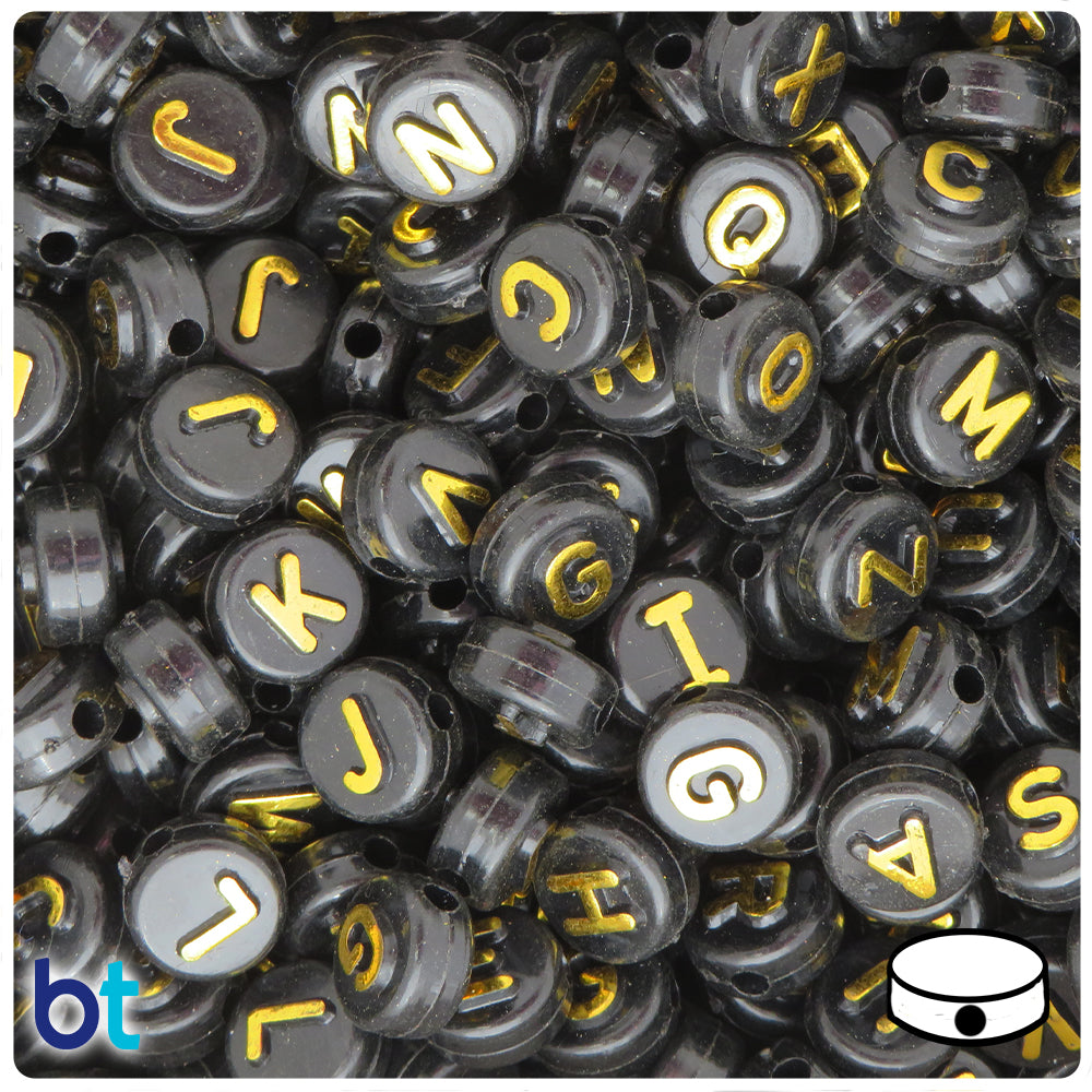 Black Opaque 10mm Coin Alpha Beads - Gold Letter Mix (144pcs)