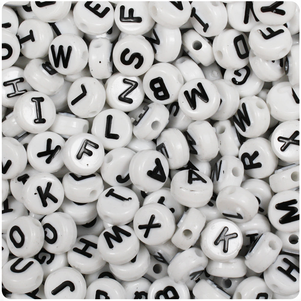 White Opaque 10mm Coin Alpha Beads - Black Letter Mix (144pcs)