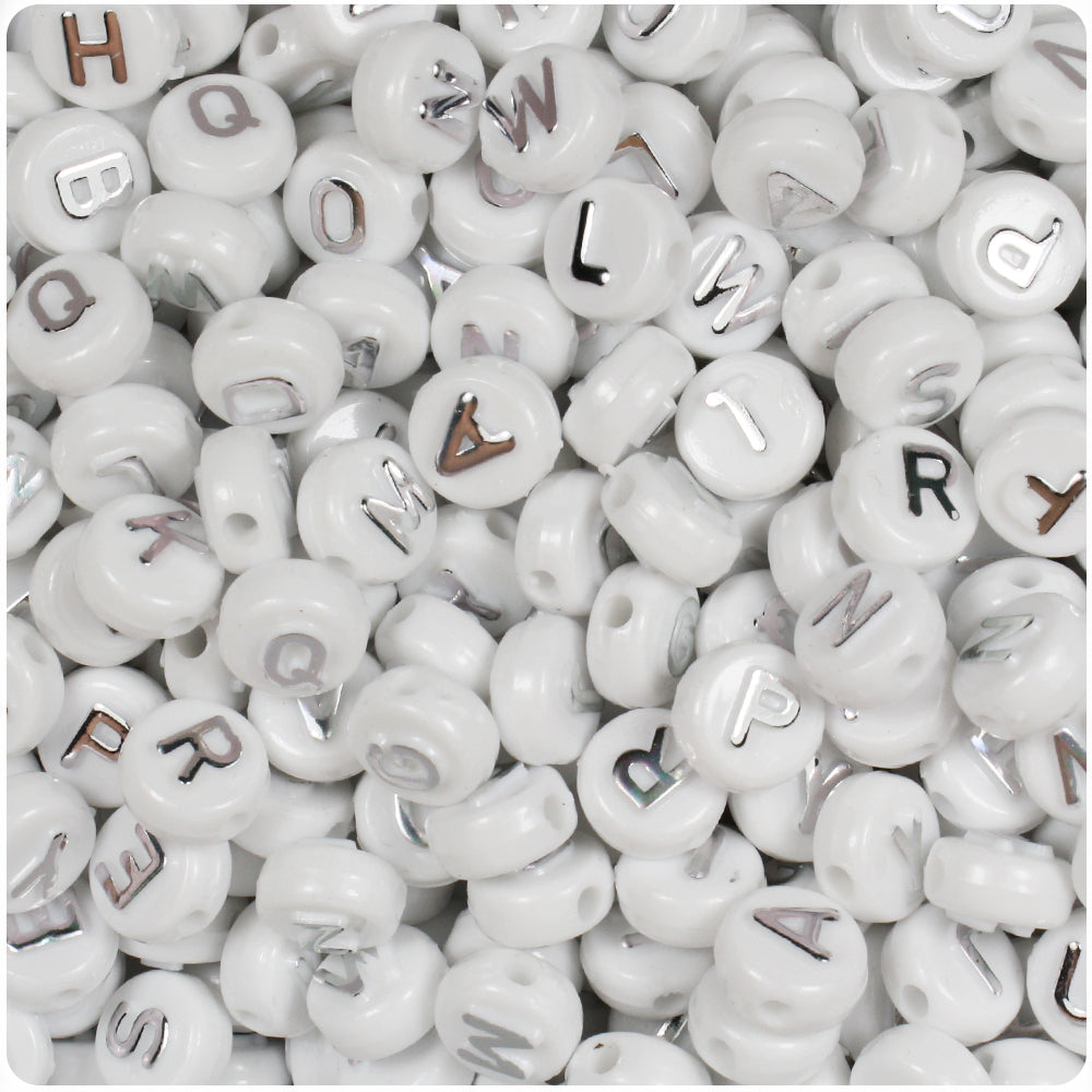 White Opaque 10mm Coin Alpha Beads - Silver Letter Mix (144pcs)