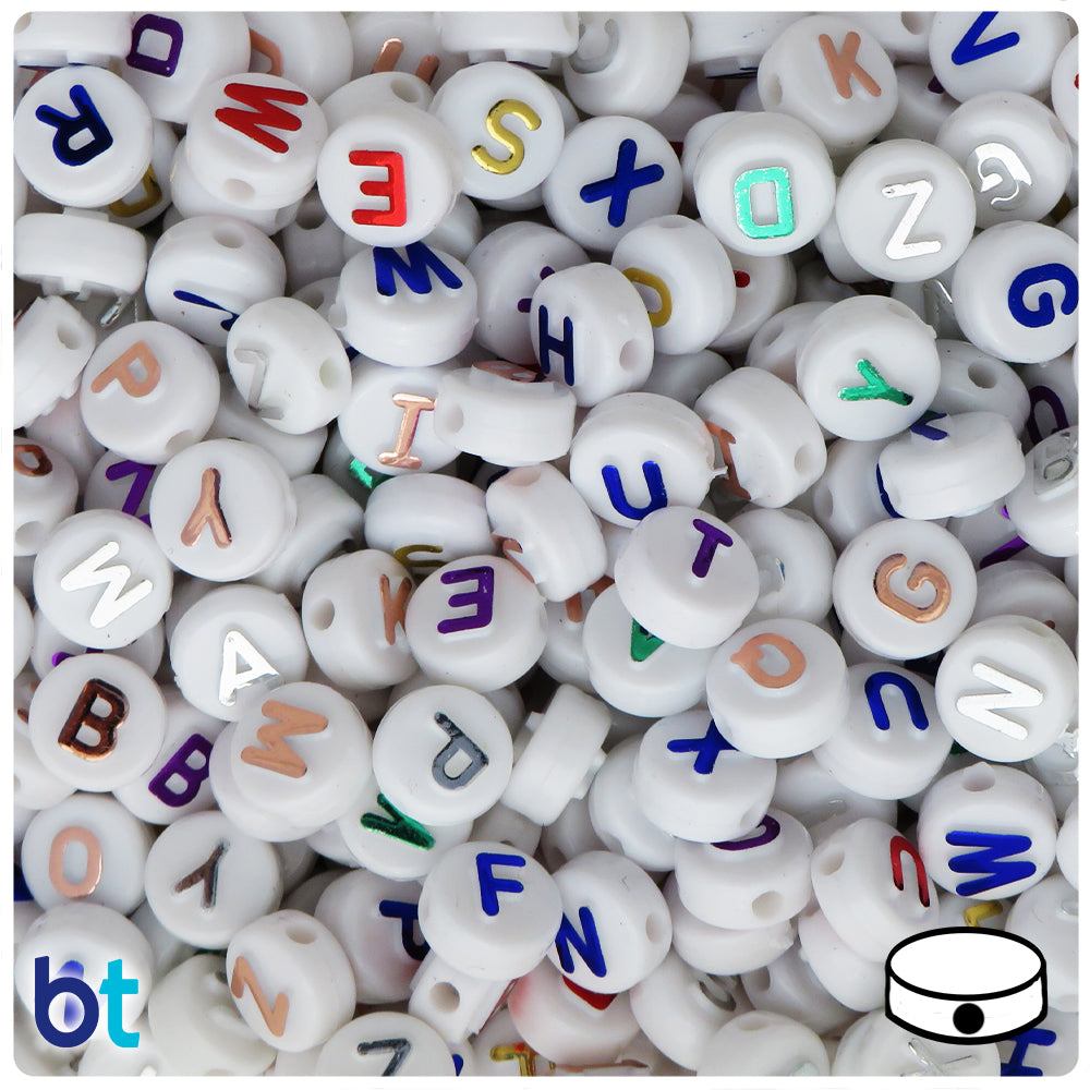 White Opaque 10mm Coin Alpha Beads - Colored Letter Mix (144pcs)