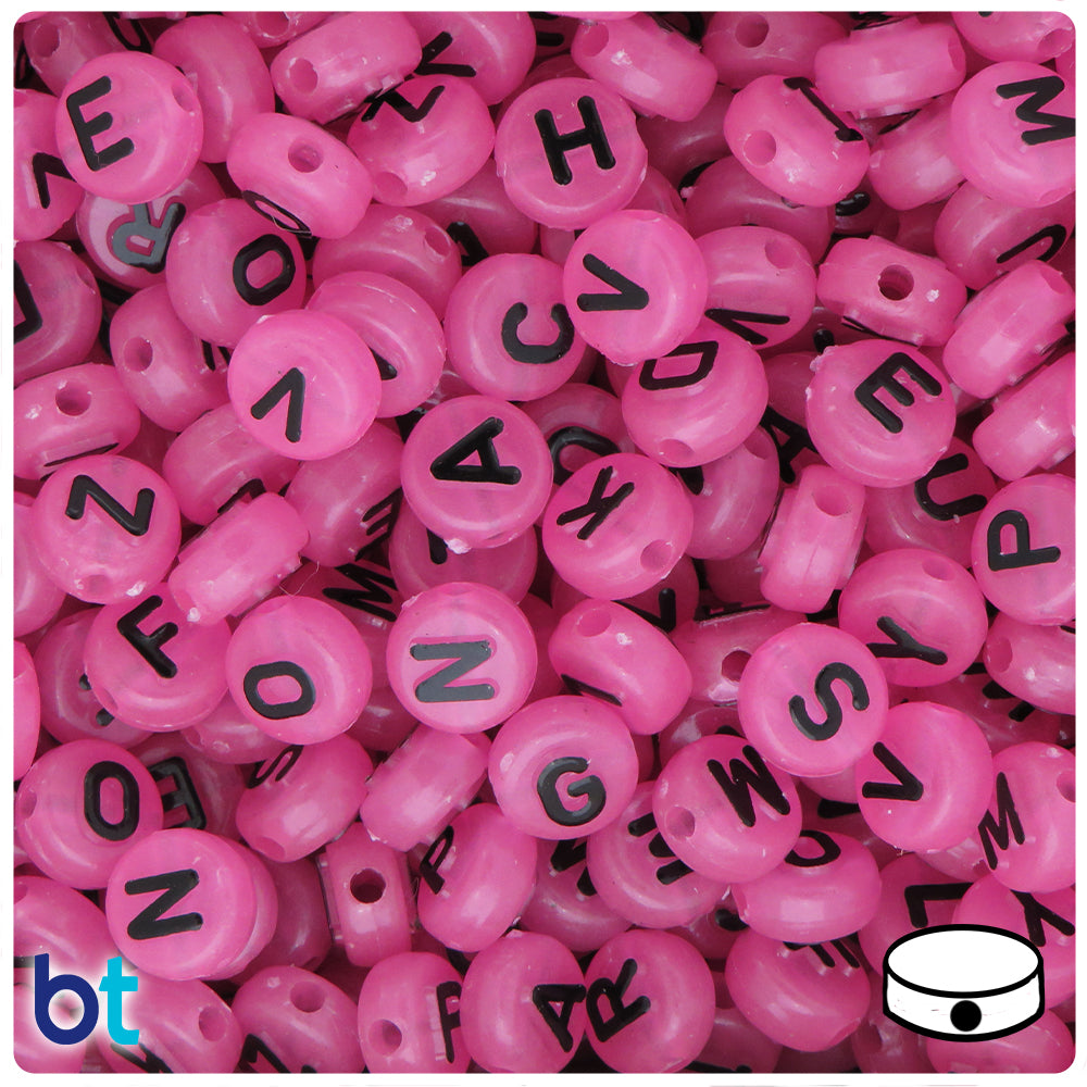 Pink Translucent 10mm Coin Alpha Beads - Black Letter Mix (144pcs)