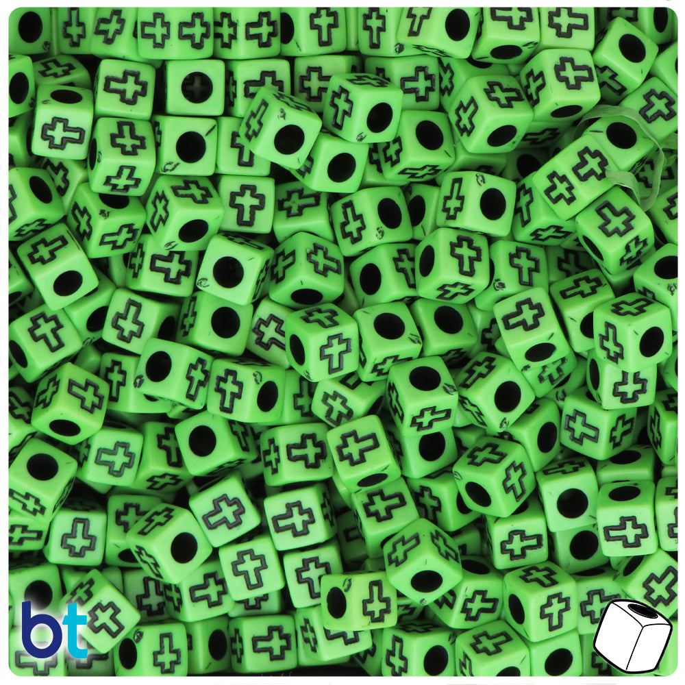 Light Green Opaque 6mm Cube Alpha Beads - Black Crosses (200pcs)