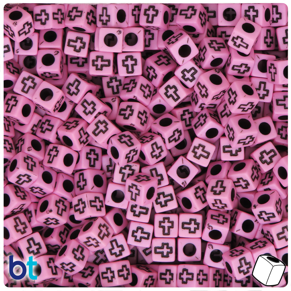 Light Pink Opaque 6mm Cube Alpha Beads - Black Crosses (200pcs)