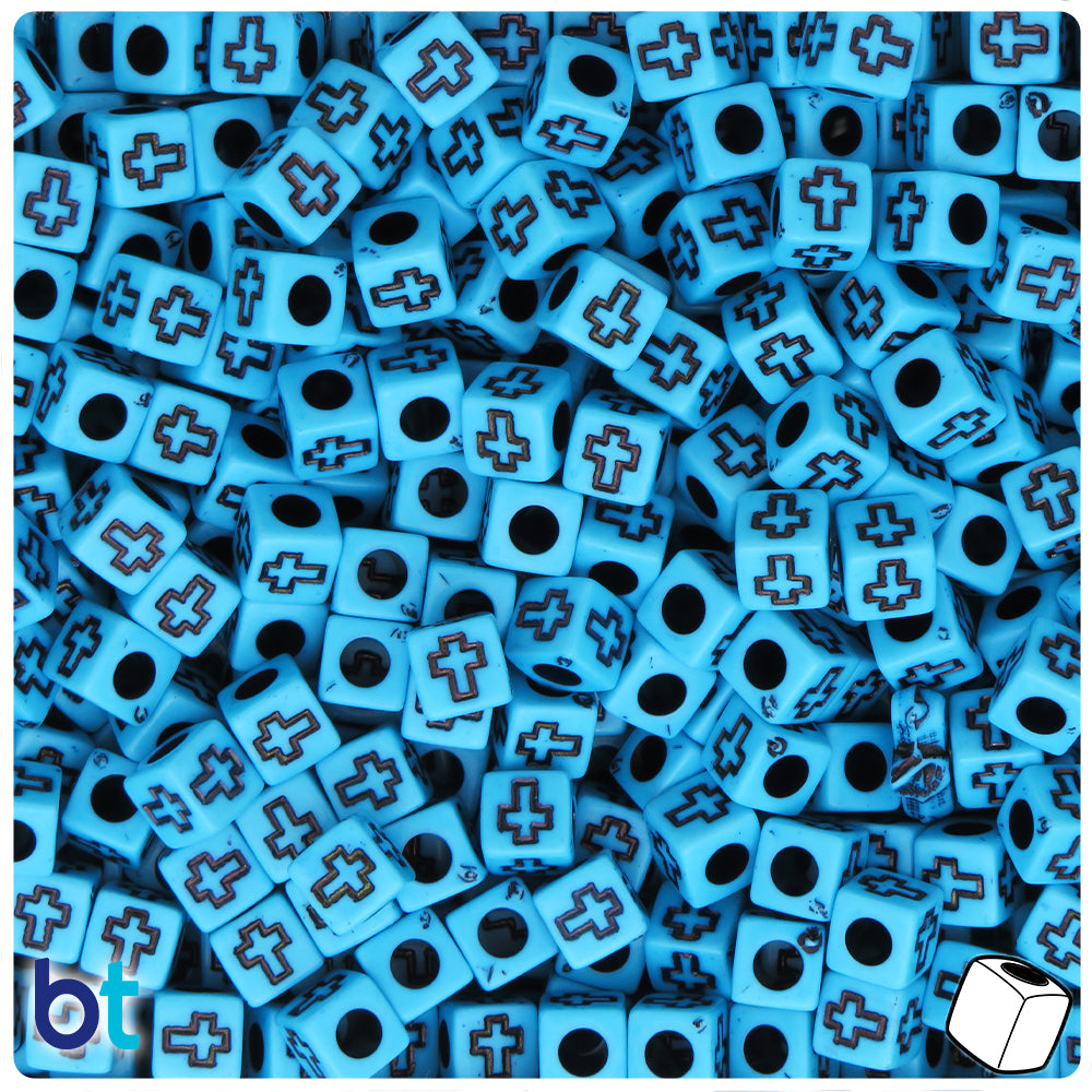 Turquoise Opaque 6mm Cube Alpha Beads - Black Crosses (200pcs)