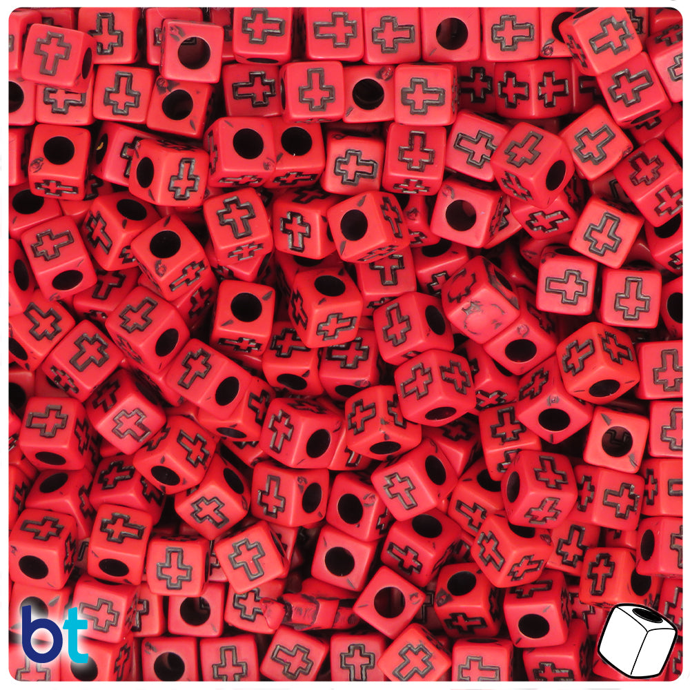 Red Opaque 6mm Cube Alpha Beads - Black Crosses (200pcs)