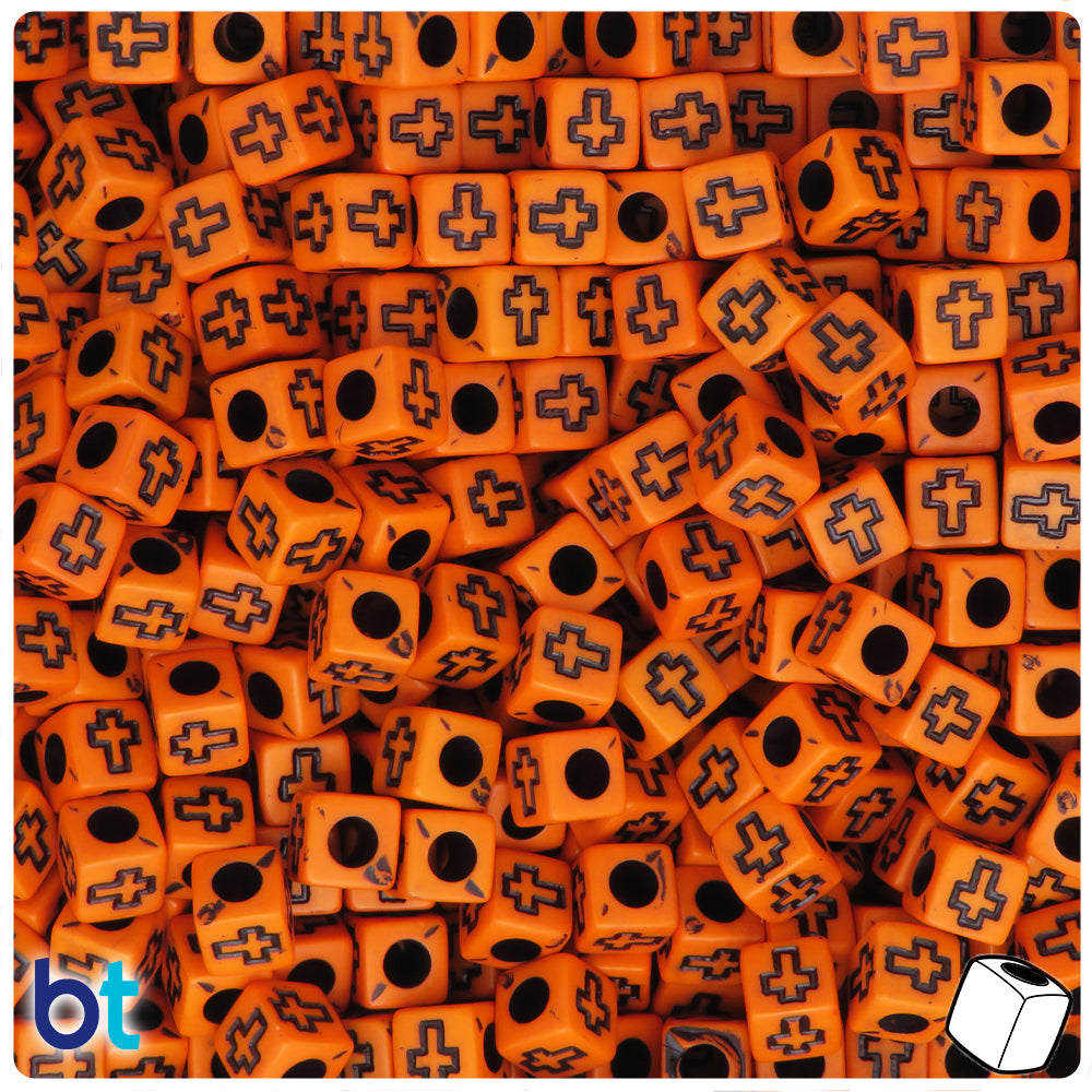 Orange Opaque 6mm Cube Alpha Beads - Black Crosses (200pcs)