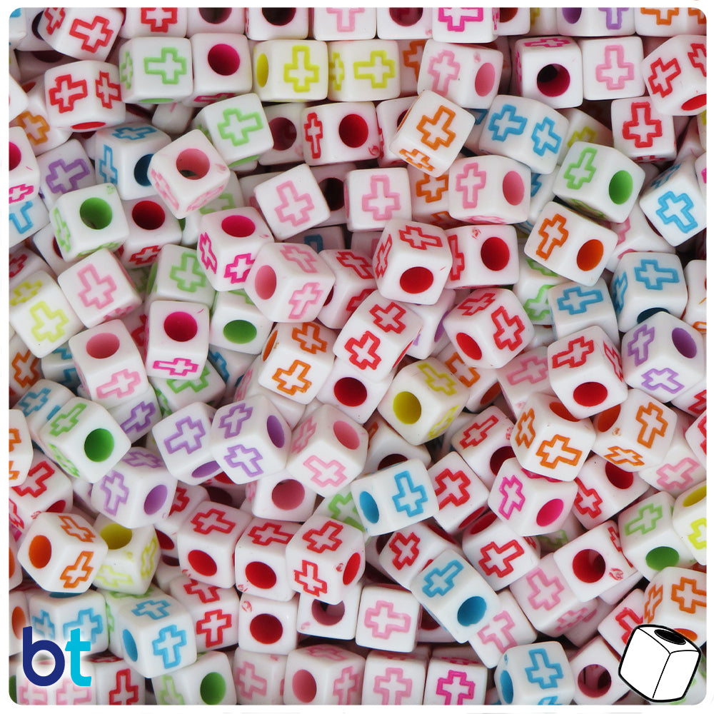 White Opaque 6mm Cube Alpha Beads - Colored Crosses (200pcs)