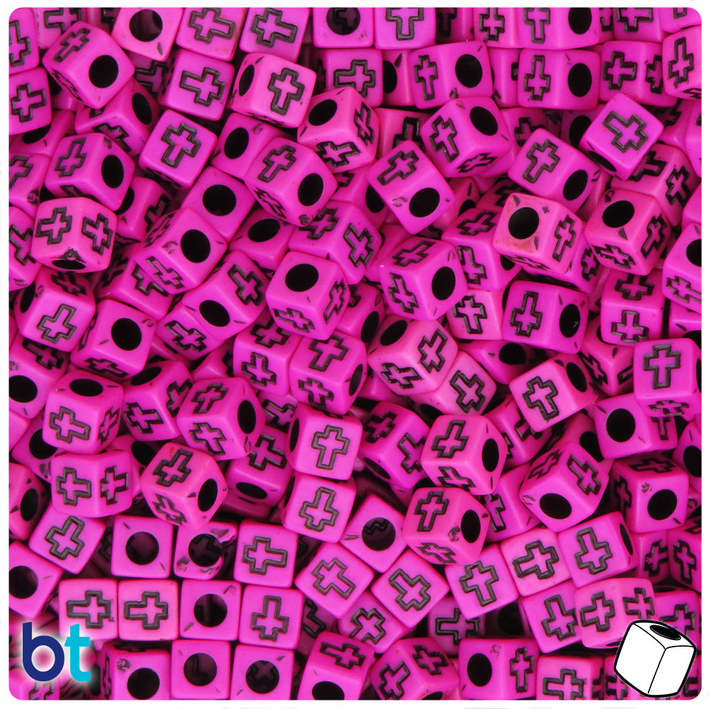 Dark Pink Opaque 6mm Cube Alpha Beads - Black Crosses (200pcs)