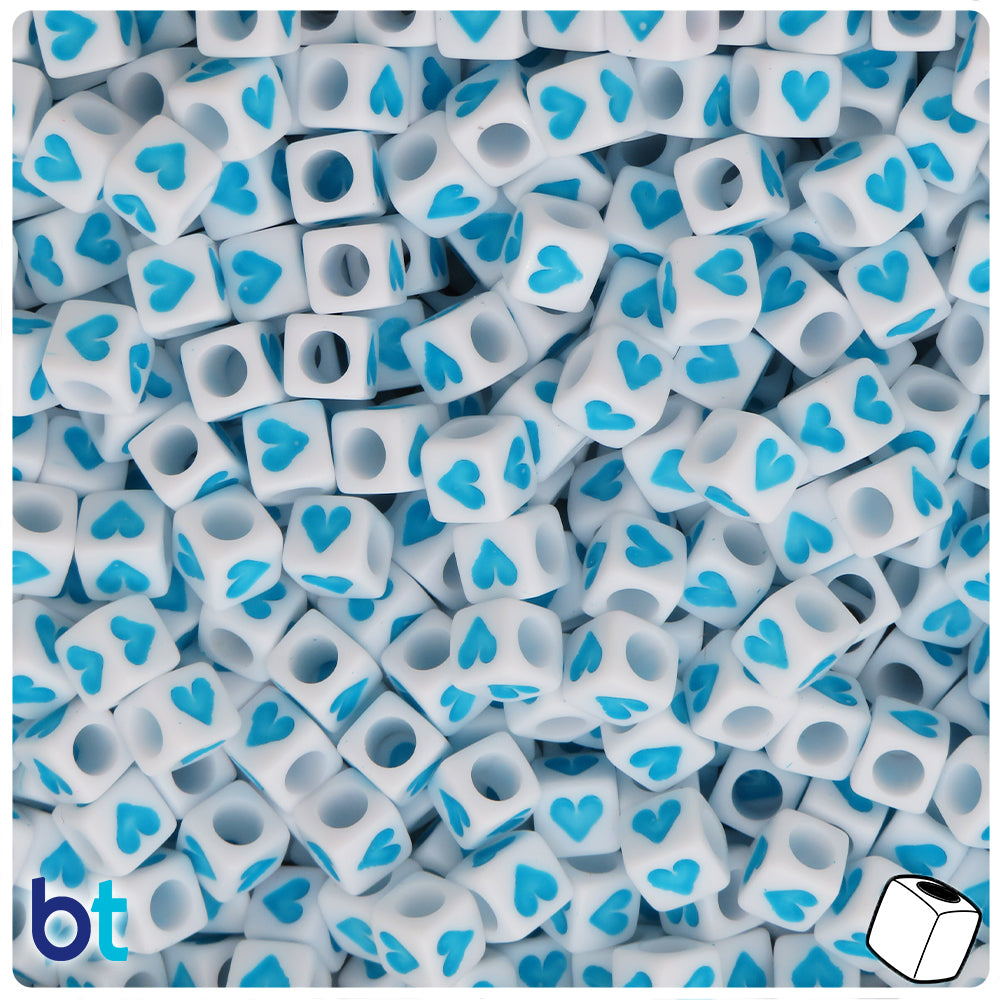 White Opaque 6mm Cube Alpha Beads - Blue Hearts (200pcs)