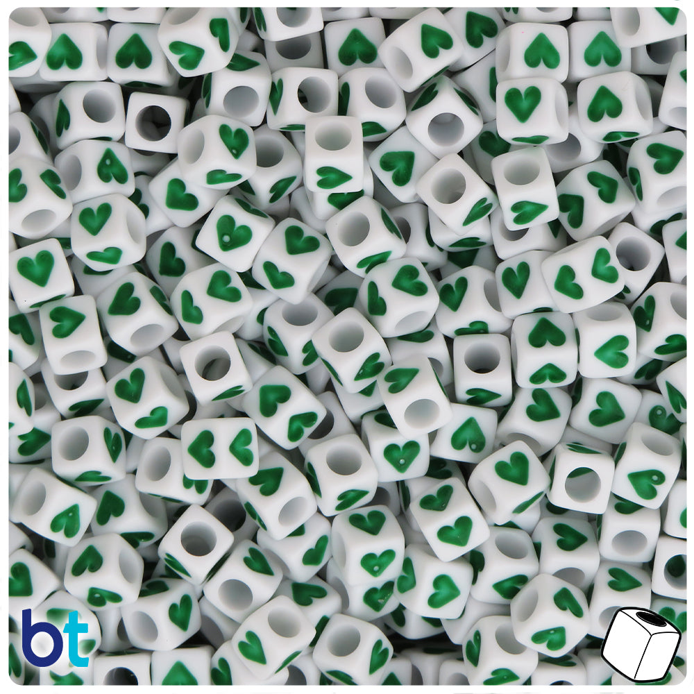 White Opaque 6mm Cube Alpha Beads - Green Hearts (200pcs)