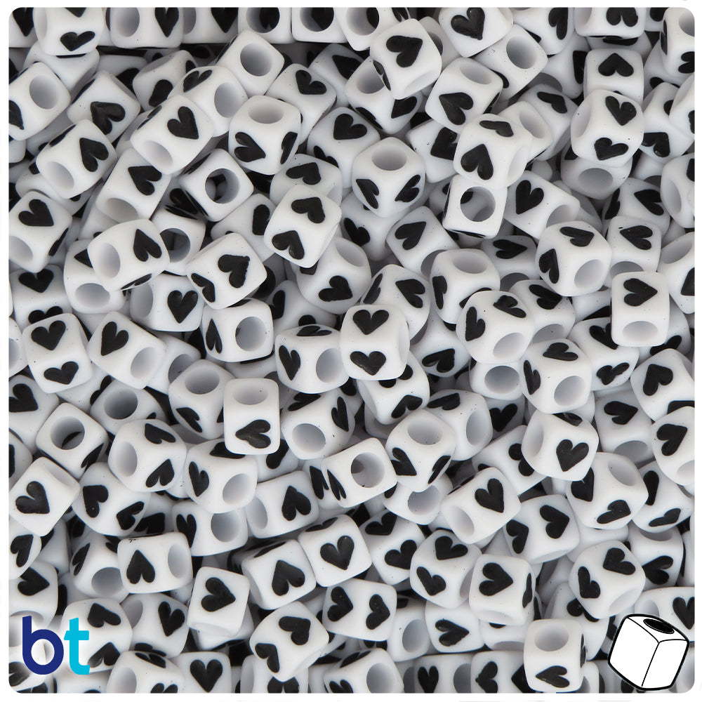 White Opaque 6mm Cube Alpha Beads - Black Hearts (200pcs)