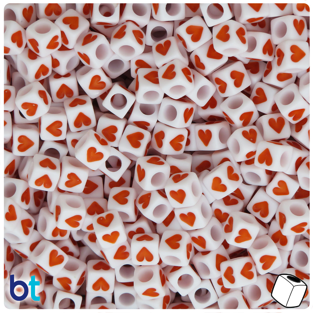 White Opaque 6mm Cube Alpha Beads - Orange Hearts (200pcs)