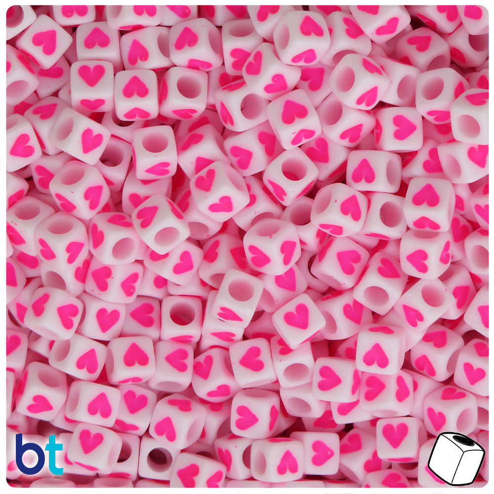 White Opaque 6mm Cube Alpha Beads - Pink Hearts (200pcs)