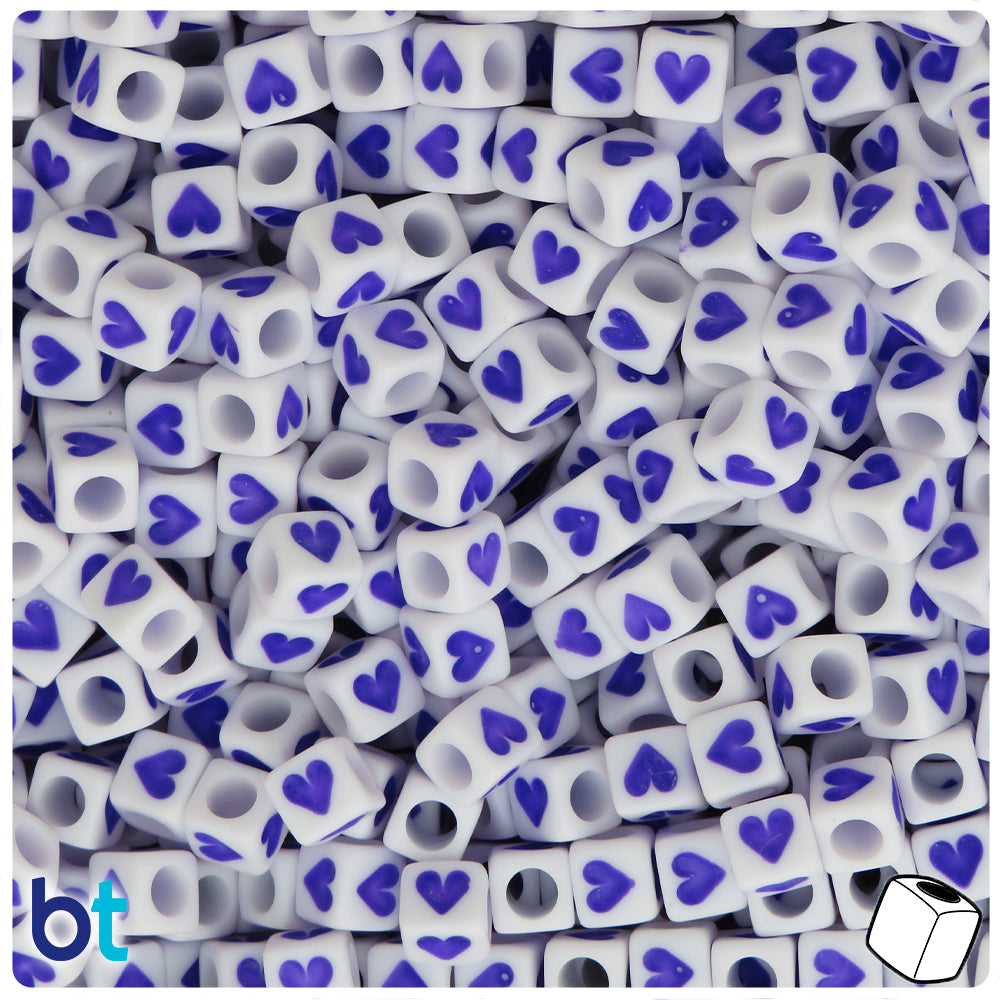 White Opaque 6mm Cube Alpha Beads - Purple Hearts (200pcs)
