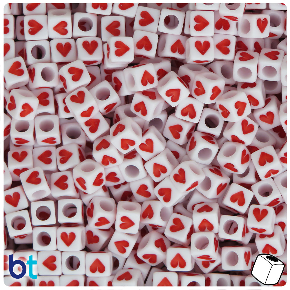 White Opaque 6mm Cube Alpha Beads - Red Hearts (200pcs)