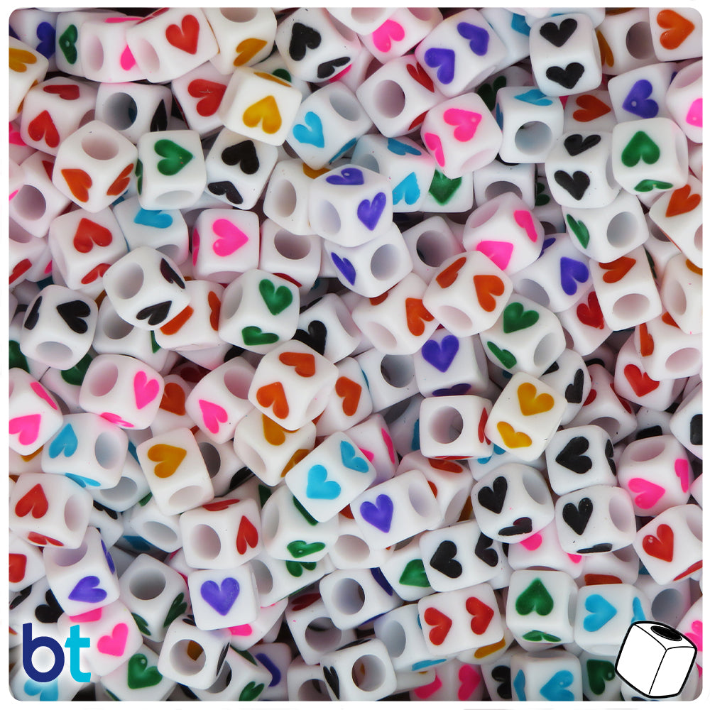 White Opaque 6mm Cube Alpha Beads - Colored Hearts (200pcs)
