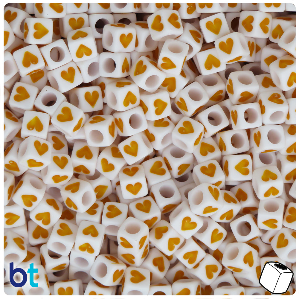 White Opaque 6mm Cube Alpha Beads - Yellow Hearts (200pcs)