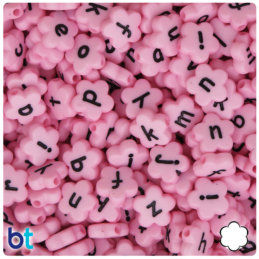 Light Pink Opaque 12mm Flower Alpha Beads - Black Letter Mix (120pcs)