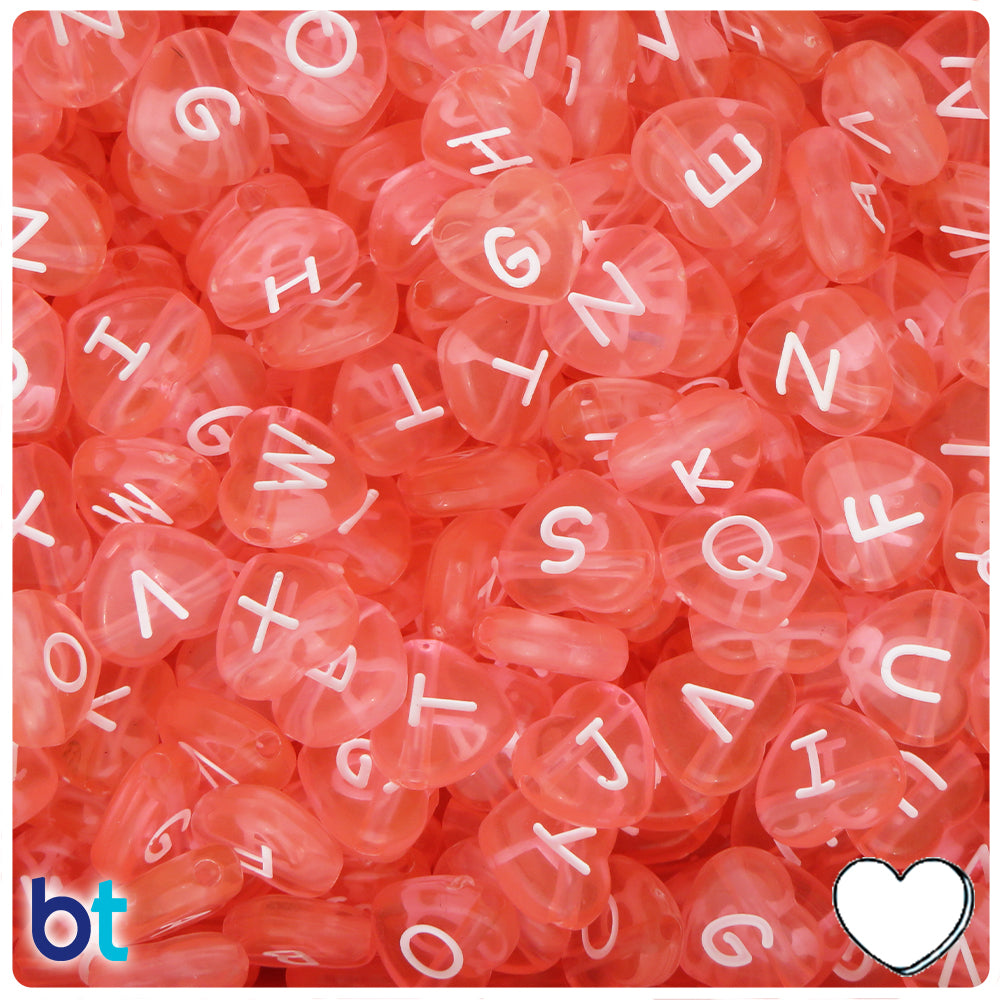 Light Pink Transparent 12mm Heart Alpha Beads - White Letter Mix (120pcs)