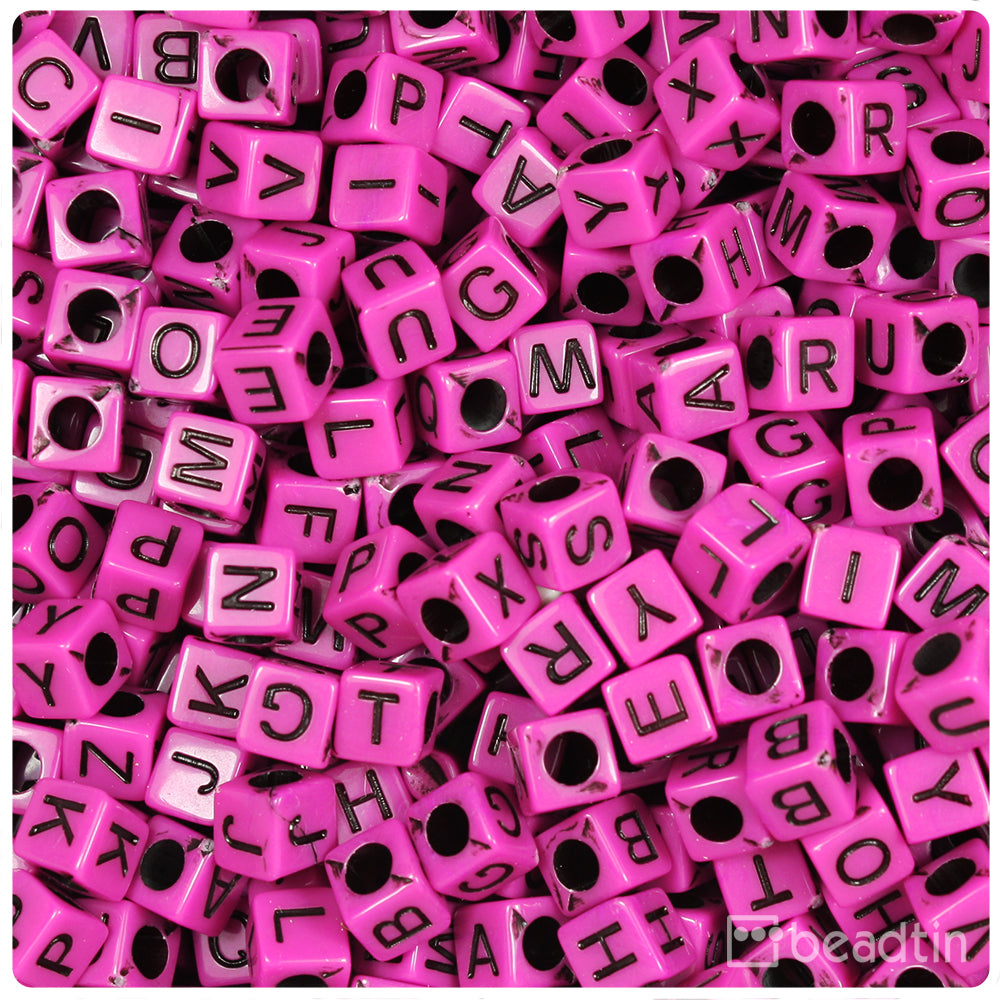 Dark Pink Opaque 6mm Cube Alpha Beads - Black Letter Mix (200pcs)