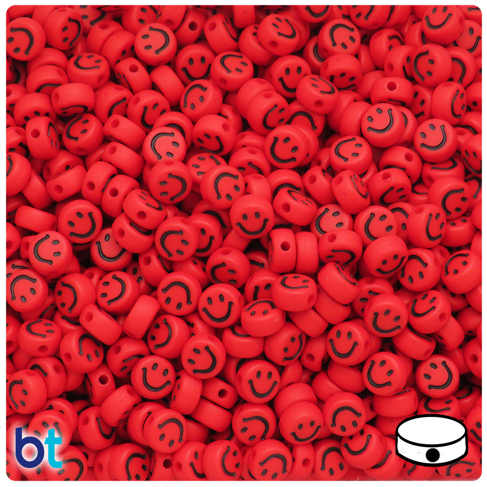 Red Opaque 7mm Coin Alpha Beads - Black Smiles (250pcs)