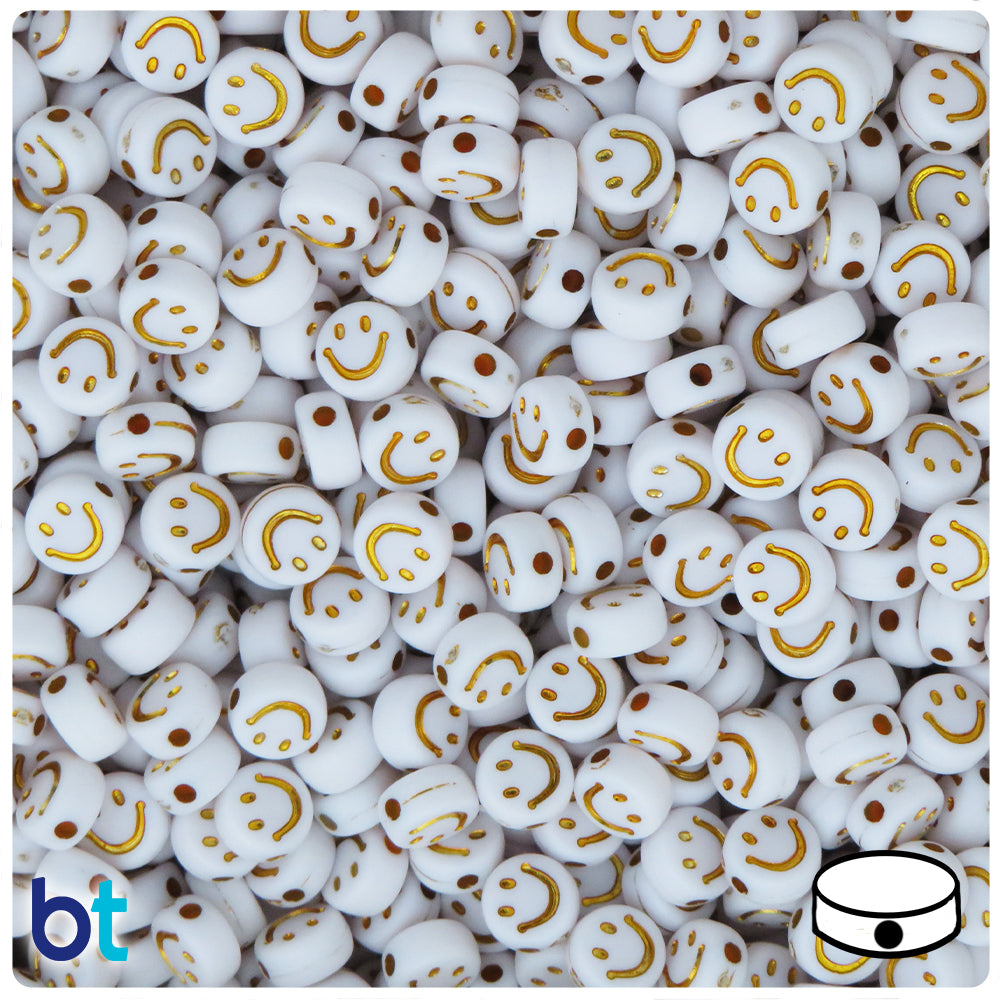 White Opaque 7mm Coin Alpha Beads - Gold Smiles (250pcs)
