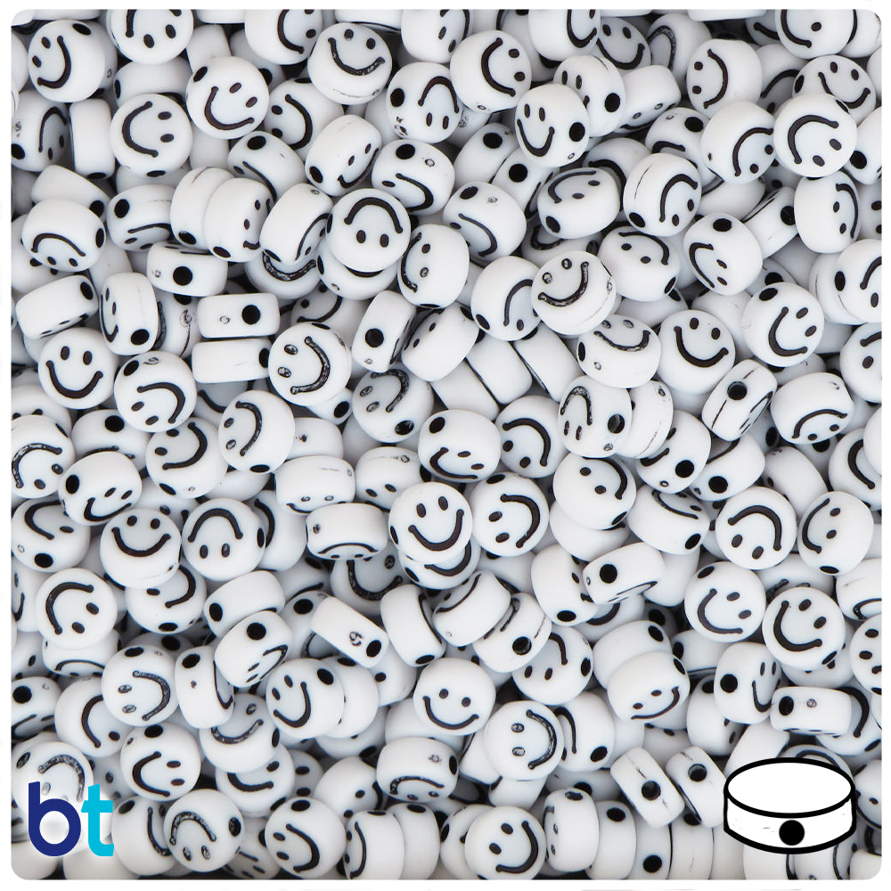 White Opaque 7mm Coin Alpha Beads - Black Smiles (250pcs)