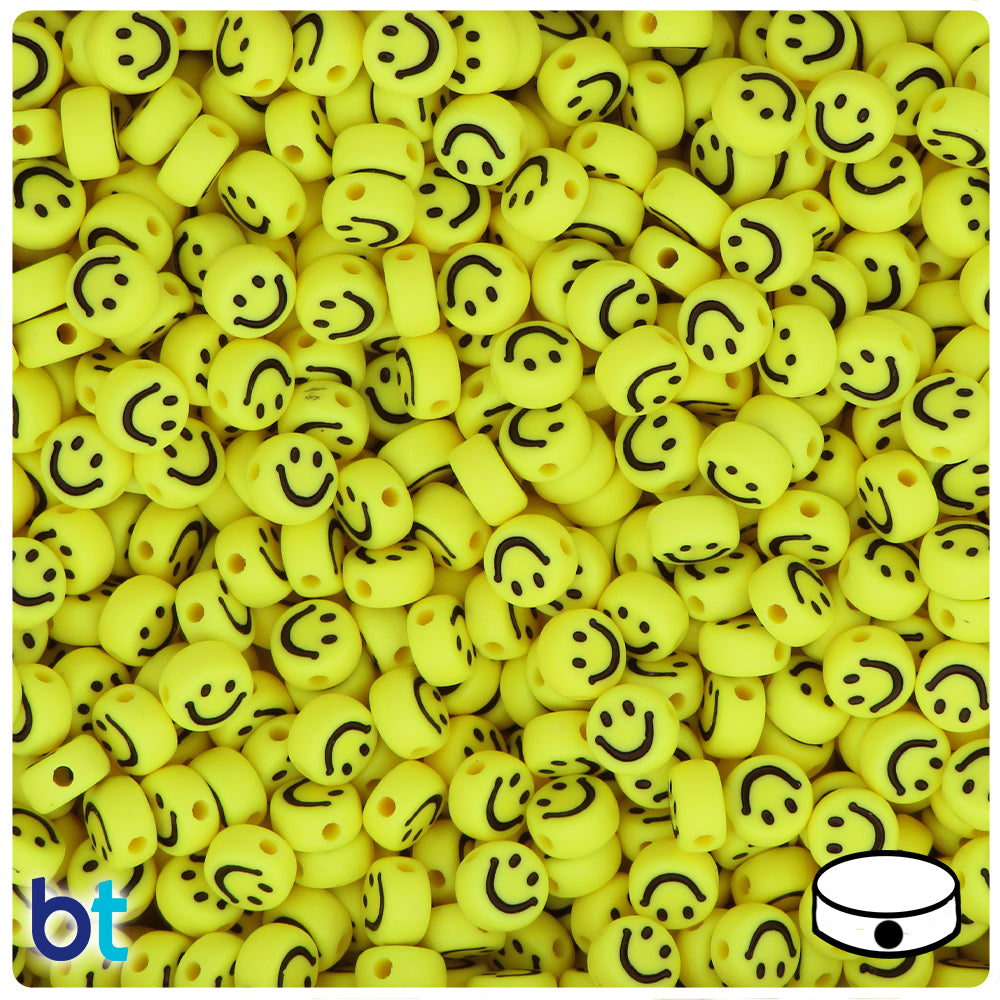 Yellow Opaque 7mm Coin Alpha Beads - Black Smiles (250pcs)