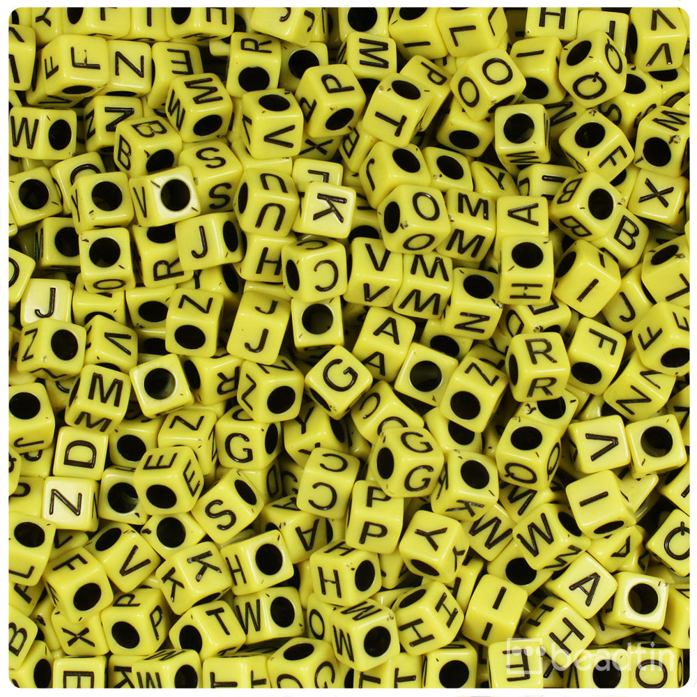 Yellow Opaque 6mm Cube Alpha Beads - Black Letter Mix (200pcs)