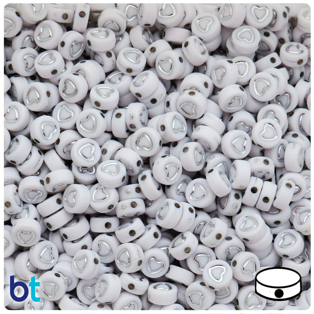 White Opaque 7mm Coin Alpha Beads - Silver Hollow Hearts (250pcs)