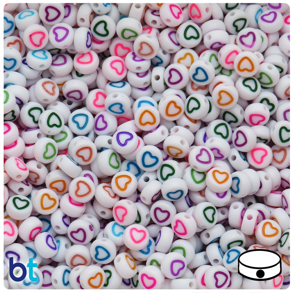 White Opaque 7mm Coin Alpha Beads - Colored Hollow Hearts (250pcs)