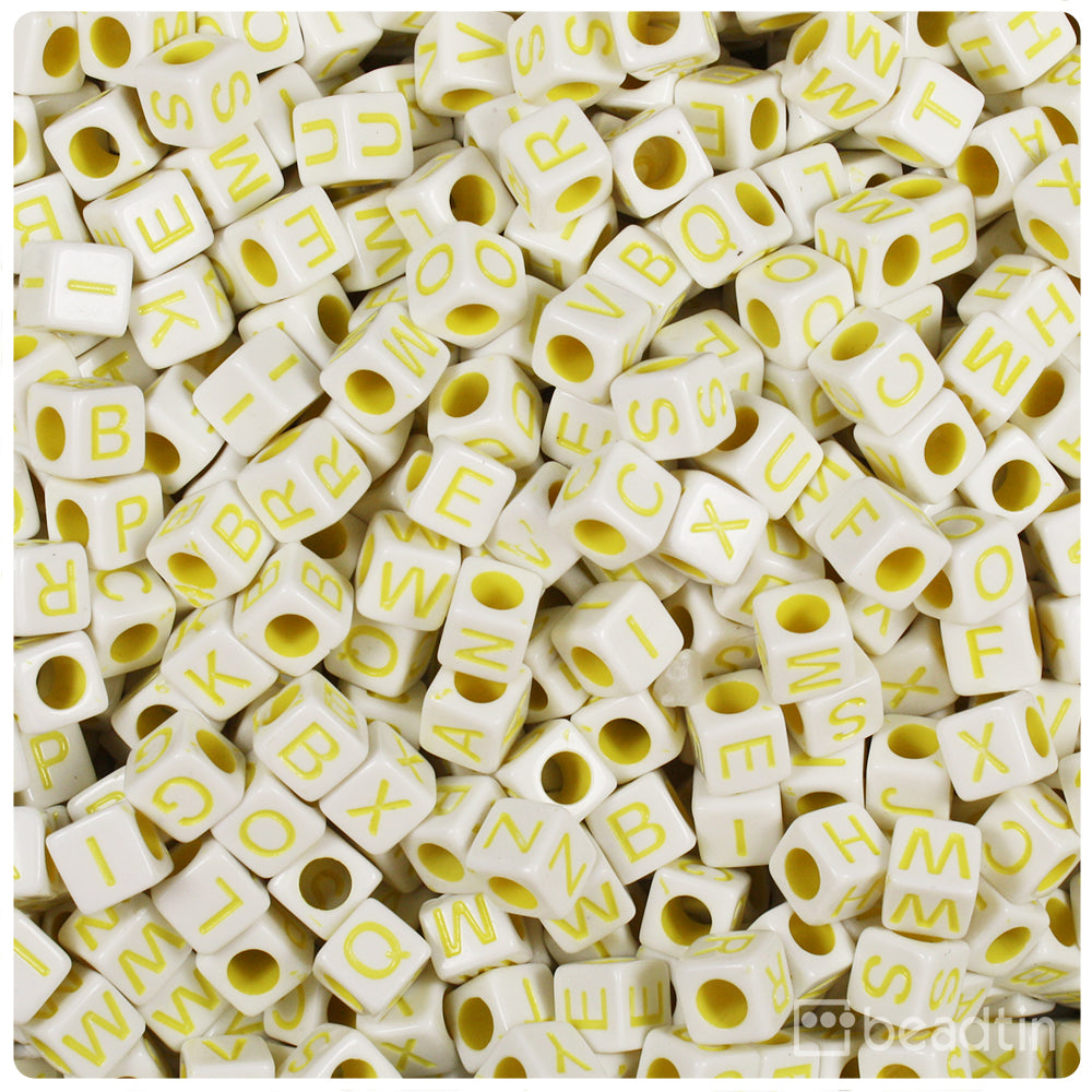 White Opaque 6mm Cube Alpha Beads - Yellow Letter Mix (200pcs)