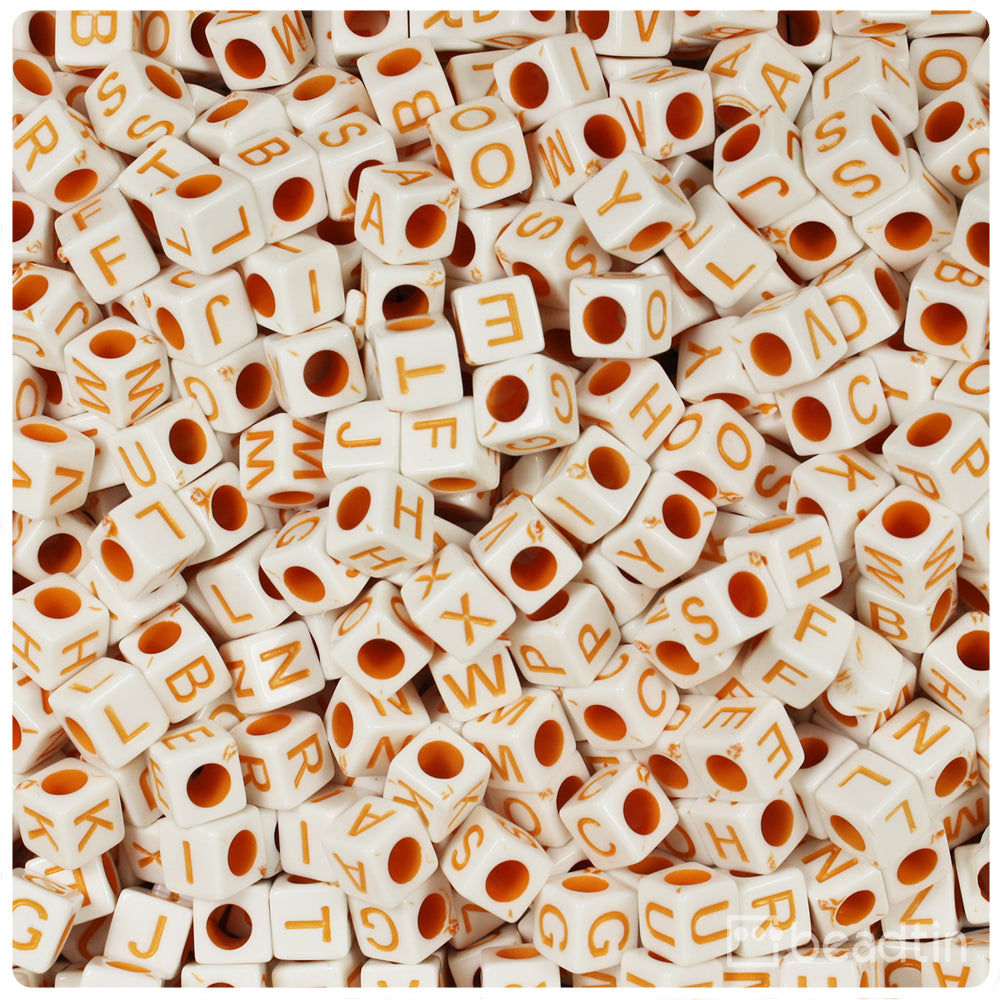 White Opaque 6mm Cube Alpha Beads - Orange Letter Mix (200pcs)