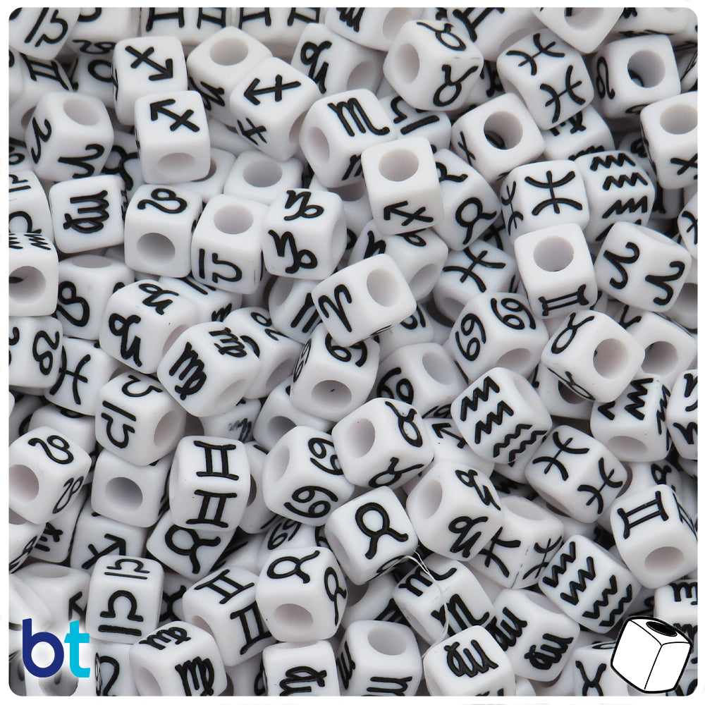 White Opaque 7mm Cube Alpha Beads - Black Constellations (150pcs)