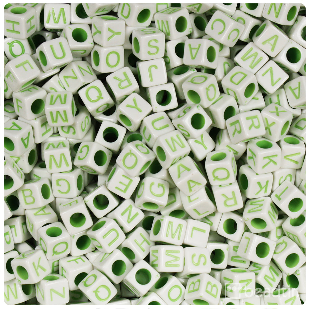 White Opaque 6mm Cube Alpha Beads - Green Letter Mix (200pcs)