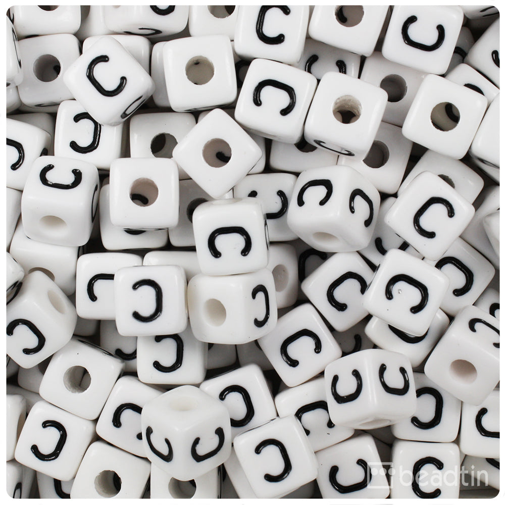 White Opaque 10mm Cube Alpha Beads - Black Letter C (20pcs)