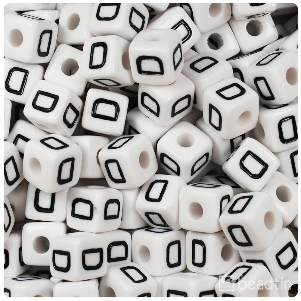 White Opaque 10mm Cube Alpha Beads - Black Letter D (20pcs)